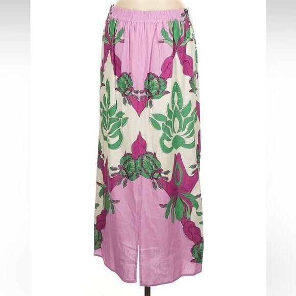 New Caroline Constas multicolor palm tropical Linen Pink Green Midi Skirt Medium - Picture 5 of 13